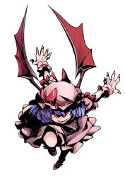 Rule 34 | 1girl, bat wings, blue hair, bow, contrast, dress, fang, fingernails, flying, frills, full body, hat, hat bow, hat ribbon, hatching (texture), highres, linear hatching, mob cap, pink dress, pink hat, pointy ears, puffy short sleeves, puffy sleeves, red bow, red eyes, red ribbon, remilia scarlet, ribbon, ribbon-trimmed sleeves, ribbon trim, rightorisamraido3, sharp fingernails, short sleeves, simple background, sleeve ribbon, smile, solo, touhou, vampire, white background, wings, wrist cuffs