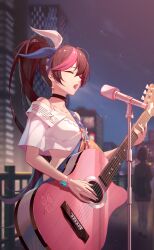 Rule 34 | 2girls, absurdres, bare shoulders, blurry, blurry background, breasts, brown hair, closed eyes, crazy ones, earrings, hairband, highres, jewelry, long hair, medium breasts, microphone stand, multiple girls, music, official art, open mouth, playing guitar, ponytail, red hair, shirt, singing, star (symbol), star earrings, su xiaoye, white shirt