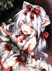 Rule 34 | 1girl, absurdres, alternate breast size, animal ears, azur lane, bare shoulders, blush, bow, breasts, cat ears, cat girl, cleavage, detached sleeves, dress, flower, hair between eyes, hair bow, highres, indoors, kuromiko shoujo, long hair, looking at viewer, medium breasts, mimikaki, neck ribbon, open mouth, plant, red bow, ribbon, silver hair, sitting, sleeveless, sleeveless dress, solo, twintails, very long hair, white dress, yukikaze (azur lane), yukikaze (winter&#039;s snowy wind) (azur lane)