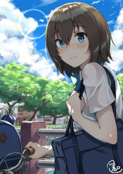 Rule 34 | 1girl, absurdres, artist request, backpack, bad id, bad pixiv id, bag, bicycle, blue eyes, blue shirt, blue sky, blurry, blurry background, blush, brown hair, closed mouth, cloud, cloudy sky, collared shirt, commentary request, day, depth of field, fueto hiroki, hair between eyes, highres, original, outdoors, school bag, school uniform, shirt, short sleeves, signature, sky, smile, solo, summer, tree, white shirt
