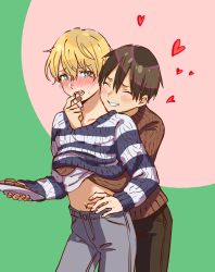 Rule 34 | blonde hair, blue sweater, blush, bomhat, brown hair, brown pants, brown sweater, closed eyes, collarbone, commentary, cookie, cowboy shot, denim, eugeo, feeding, food, green background, green eyes, hand under clothes, heart, highres, holding, holding plate, hug, hug from behind, jeans, kirito, long sleeves, looking at viewer, midriff peek, open mouth, pants, parted lips, pink background, plate, short hair, smile, striped clothes, striped sweater, sweat, sweater, sword art online, trap, two-tone background, white sweater, yaoi