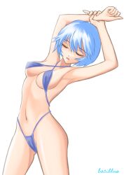 Rule 34 | 1girl, absurdres, armpits, arms up, artist name, ass, ayanami rei, bacillus, bikini, blue hair, breasts, closed eyes, commentary, cowboy shot, criss-cross halter, curled fingers, expressionless, halterneck, hand on own wrist, highleg, highleg bikini, highres, leaning back, looking at viewer, medium breasts, navel, neon genesis evangelion, paid reward available, parted lips, purple bikini, short hair, sideboob, signature, simple background, solo, standing, stretching, swimsuit, underboob, white background