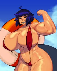 Rule 34 | 1girl, abs, armorv1, bikini, breasts, day, female focus, fins, fish tail, flexing, half-closed eyes, highres, holding, huge breasts, looking at viewer, monster girl, muscular, muscular female, navel, red bikini, shark girl, shark tail, sharp teeth, shiny skin, sky, slingshot swimsuit, smile, solo, swimsuit, tail, teeth, thick thighs, thighs, wide hips