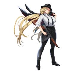 Rule 34 | 1girl, black bow, black hat, black jacket, black necktie, black pants, blonde hair, bow, braid, breasts, closed mouth, collared shirt, fedora, full body, gangster, green eyes, gun, hair bow, hat, highres, holding, holding clothes, holding gun, holding jacket, holding weapon, huge breasts, jacket, kloah, last origin, legs apart, lips, long hair, looking at viewer, necktie, nymph (last origin), official alternate costume, official art, oxfords, pants, pinstripe jacket, pinstripe pants, pinstripe pattern, shirt, simple background, sleeves rolled up, smile, solo, standing, striped, submachine gun, suspenders, tachi-e, taut clothes, taut shirt, third-party source, thompson submachine gun, transparent background, unworn jacket, weapon, white shirt