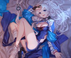 Rule 34 | 1girl, alternate costume, azur lane, belfast (azur lane), belfast (iridescent rosa) (azur lane), belfast (iridescent rosa) (azur lane), black gloves, blue dress, blue eyes, blue panties, braid, breasts, chain, china dress, chinese clothes, cleavage cutout, clothing cutout, collar, dress, earrings, french braid, gloves, heart, heart earrings, high heels, jewelry, large breasts, lips, long hair, long sleeves, looking at viewer, lying, on side, open mouth, panties, side-tie panties, side braid, side slit, silver hair, smile, solo, thighhighs, twitter username, underwear, white thighhighs, wristband, yachimoto