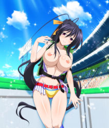 Rule 34 | breasts, breasts out, high school dxd, highres, himejima akeno, large breasts, nipples, nude filter, ponytail, shiny clothes, third-party edit, torn clothes