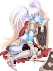 Rule 34 | 1girl, aqua eyes, armor, blue skin, cape, colored skin, gauntlets, hammer, high heels, highres, league of legends, long hair, mace, midriff, nr noir, pointy ears, poppy (league of legends), shield, shoes, solo, thighhighs, twintails, war hammer, warhammer, weapon, white hair, yordle