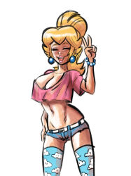 Rule 34 | 1girl, blonde hair, breasts, cleavage, closed eyes, denim, denim shorts, hand on own hip, happy, highres, large breasts, legs, long hair, mario (series), midriff, navel, nintendo, open mouth, ponytail, princess, princess peach, psicoero, shorts, smile, solo, super mario bros. 1, thighs, v