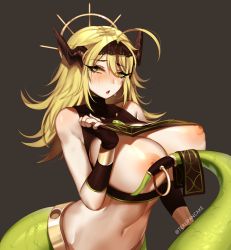Rule 34 | 1girl, ahoge, bare shoulders, blonde hair, blush, breasts, breasts out, brown gloves, commentary, english commentary, eyes visible through hair, fingerless gloves, gloves, green eyes, grey background, hair between eyes, horns, huge breasts, lamia, long hair, looking at viewer, monster girl, navel, nipples, open mouth, simple background, snek (terupancake), solo, stomach, tail, tail ornament, terupancake, twitter username, upper body