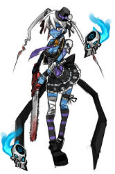 Rule 34 | 1girl, ankle boots, bad id, bad pixiv id, bandages, blood, bloody weapon, blue skin, boots, breasts, chainsaw, cleavage, colored skin, drill hair, eyepatch, floating skull, gettewi, gettydaze, gothic lolita, grey hair, hat, headset, highres, kneehighs, lolita fashion, mini hat, mini top hat, multicolored skin, necktie, original, purple skin, single sleeve, socks, solo, stitches, striped clothes, striped socks, thighhighs, top hat, twin drills, twintails, two-tone skin, weapon, yellow eyes, zombie