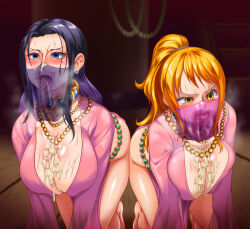 Rule 34 | 2girls, after fellatio, alternate costume, black hair, breasts, cleavage, cum, cum in mouth, fishneak, large breasts, long hair, mouth veil, multiple girls, nami (one piece), nico robin, one piece, one piece heart of gold, orange hair, ponytail, shiny skin, veil