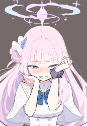 Rule 34 | 1girl, absurdres, blue archive, blush, brown background, capelet, commentary, crying, crying with eyes open, domado, dress, flower, hair bun, hair flower, hair ornament, half-closed eye, halo, highres, long hair, mika (blue archive), nose blush, pink hair, rubbing eyes, scrunchie, simple background, single side bun, solo, tears, upper body, white capelet, white dress, wrist scrunchie