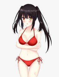 Rule 34 | 1girl, :o, alternate costume, asymmetrical hair, bikini, black hair, blush, breast hold, breasts, cleavage, clock eyes, collarbone, cowboy shot, date a live, dated, gluteal fold, heterochromia, highres, looking at viewer, medium breasts, navel, open mouth, red bikini, red eyes, simple background, solo, standing, swimsuit, symbol-shaped pupils, thigh gap, tokisaki kurumi, twintails, white background, yellow eyes