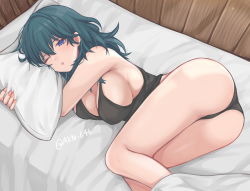 Rule 34 | 1girl, ass, bed, black panties, black tank top, blue eyes, blue hair, breasts, byleth (female) (fire emblem), byleth (fire emblem), cleavage, commentary request, feet out of frame, fire emblem, fire emblem: three houses, from above, highres, large breasts, long hair, lying, nintendo, on side, one eye closed, panties, parted lips, pillow, shimizu akina, solo, tank top, thighs, underwear, underwear only