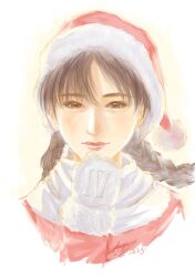 Rule 34 | 1girl, absurdres, braid, brown eyes, christmas, closed mouth, dated, gloves, hair between eyes, hat, highres, kohji, ling shen hua, lips, looking at viewer, parted bangs, portrait, roman numeral, santa costume, santa hat, scarf, sega, shenmue, signature, simple background, solo, twin braids, white gloves, white scarf