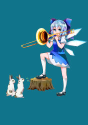 Rule 34 | 1girl, absurdres, black footwear, blue background, blue bow, blue dress, blue eyes, blue hair, bow, breasts, cirno, collared shirt, dress, full body, hair bow, highres, ice, ice wings, instrument, kneehighs, looking at viewer, mary janes, medium hair, music, neck ribbon, pinafore dress, playing instrument, puffy short sleeves, puffy sleeves, rabbit, red ribbon, ribbon, ruka328, shirt, shoes, short sleeves, simple background, sleeveless, sleeveless dress, small breasts, socks, solo, standing, touhou, tree stump, trombone, white shirt, white socks, wings