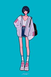 Rule 34 | 1girl, absurdres, arm up, backpack, bag, black bag, black hair, blue eyes, expressionless, full body, highres, jewelry, looking at viewer, miyoshi yoshimi, necklace, original, shoes, short hair, socks, solo, standing, white footwear, white socks