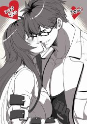 Rule 34 | abs, brown hair, couple, glasses, gloves, highres, hug, husband and wife, jack-o&#039; valentine, kiss, kiss day, kusu (moo1225), lab coat, red hair, sol badguy