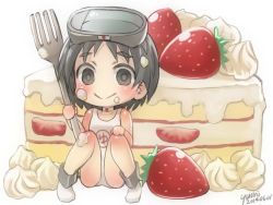 Rule 34 | 10s, 1girl, black eyes, black hair, cake, chibi, diving mask, diving mask on head, food, food on face, goggles, goggles on head, kantai collection, looking at viewer, maru-yu (kancolle), one-piece swimsuit, oversized object, school swimsuit, short hair, sitting, smile, solo, swimsuit, white one-piece swimsuit, white school swimsuit, yumi yumi