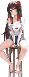 Rule 34 | 1girl, bare shoulders, barefoot, black nails, blue shorts, bracelet, brown hair, casual, clenched teeth, fingernails, flat chest, flower, flower-shaped pupils, full body, genshin impact, hair flower, hair ornament, highres, hu tao (genshin impact), jewelry, long hair, multiple rings, nail polish, no headwear, plum blossoms, red eyes, ring, shirt, shorts, simple background, sitting, skai kun, smile, solo, symbol-shaped pupils, teeth, toenails, toes, very long hair, white background, white shirt