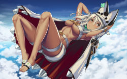 Rule 34 | 1girl, armpits, belt, belt bra, breasts, cape, closed mouth, cloud, cloudy sky, clover, colored eyelashes, dark skin, dark-skinned female, day, flying, four-leaf clover, guilty gear, guilty gear xrd, hair between eyes, hat, highres, looking at viewer, medium breasts, o-ring, o-ring top, orange eyes, platinum blonde hair, ramlethal valentine, short shorts, shorts, skindentation, sky, solo, takanashi-a, thigh strap, underboob