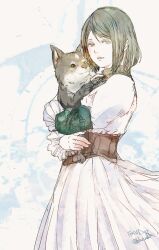 Rule 34 | 1girl, animal, blue eyes, bob cut, commentary, cowboy shot, dog, dress, final fantasy, final fantasy xvi, frilled sleeves, frills, from side, grey hair, hair behind ear, high collar, holding, holding animal, jill warrick, juliet sleeves, long sleeves, looking at viewer, looking to the side, parted lips, puffy sleeves, ruka (blueplus84), swept bangs, torgal (ff16), twitter username, white dress