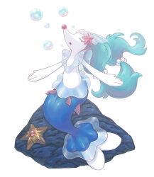 Rule 34 | :o, absurdres, beads, blowing bubbles, bubble, closed eyes, colored skin, commentary request, creatures (company), game freak, gen 1 pokemon, gen 7 pokemon, green hair, highres, korean commentary, long hair, nintendo, no humans, open mouth, pokemon, pokemon (creature), primarina, raid (donghyeok), rock, sitting, staryu, white skin