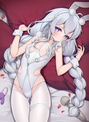 Rule 34 | + +, 1girl, absurdres, ahoge, animal ears, azur lane, bare shoulders, bed sheet, blue eyes, blush, braid, breasts, closed mouth, collarbone, dildo, egg vibrator, fake animal ears, gluteal fold, hairband, highleg, highleg leotard, highres, hitachi magic wand, le malin (azur lane), le malin (listless lapin) (azur lane), leotard, long hair, looking at viewer, lying, official alternate costume, on back, on bed, petals, pillow, pillow grab, rabbit ears, revealing clothes, sex toy, silver hair, skindentation, small breasts, solo, sosai salada, thigh gap, thigh strap, thighhighs, twin braids, very long hair, vibrator, white hairband, white leotard, white thighhighs, wrist cuffs