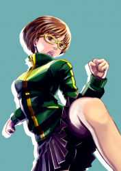 Rule 34 | 1girl, ajks, aqua background, atlus, brown eyes, brown hair, clenched hand, clenched hands, unworn eyewear, fighting stance, glasses, jacket, leg up, open mouth, persona, persona 4, pleated skirt, satonaka chie, simple background, skirt, solo, standing, standing on one leg, track jacket, yellow-framed eyewear