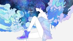 Rule 34 | 1other, alternate costume, androgynous, artist request, bad id, bad pixiv id, blue hair, cloud, colored eyelashes, colored skin, converse, closed eyes, highres, houseki no kuni, open clothes, open shirt, phosphophyllite, phosphophyllite (ll), shirt, shoes, short hair, sitting, sky, sneakers, spoilers, star (sky), starry sky, white skin