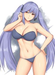 Rule 34 | 1girl, arcie albano, azur lane, bikini, black ribbon, blue bikini, blue hair, blush, braid, breasts, cleavage, collarbone, essex (azur lane), french braid, groin, hair between eyes, hand on own hip, hand up, highres, large breasts, long hair, looking at viewer, navel, ribbon, sidelocks, signature, solo, stomach, strapless, strapless bikini, swimsuit, thighs, twintails, very long hair, yellow eyes