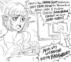 Rule 34 | 1girl, angry, bb (baalbuddy), belle delphine (character), collarbone, computer, elf, greyscale, highres, keyboard (computer), monitor, monochrome, original, pointy ears, sketch, solo, speech bubble, tears, typing