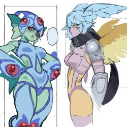 Rule 34 | 2girls, absurdres, armor, blue one-piece swimsuit, cheek bulge, clothing cutout, digimon, digimon (creature), fins, frog girl, hands on own hips, head wings, helmet, highres, looking at viewer, mask, monster girl, multiple girls, navel cutout, one-piece swimsuit, ranamon, red eyes, revealing clothes, short hair, shutumon, swimsuit, wide hips, wings