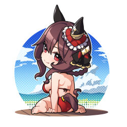 Rule 34 | 1girl, animal ears, ass, bare arms, bare legs, bare shoulders, barefoot, bikini, blush, breasts, brown hair, closed mouth, from behind, gentildonna (umamusume), hair between eyes, highres, horse ears, horse girl, horse tail, large breasts, looking at viewer, looking back, red bikini, red eyes, short hair, sitting, smile, soles, solo, swimsuit, tail, toes, umamusume, warashi