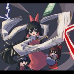 Rule 34 | 3girls, :3, black eyes, black hair, blunt bangs, bow, bright pupils, brown hair, collared dress, commentary request, cookie (touhou), crying, crying with eyes open, deflect, dress, frilled hair tubes, frills, full body, hair bow, hair tubes, hakurei reimu, highres, hotaruda (cookie), laser, letterboxed, long hair, looking at another, mini person, minigirl, multiple girls, necktie, open mouth, psychic parrot, purple bow, red bow, red dress, red eyes, sakenomi (cookie), short hair, shunga youkyu, sleeveless, sleeveless dress, sleeves past fingers, sleeves past wrists, smile, star sapphire, tears, touhou, very long hair, white pupils, white sleeves, yellow necktie, yukkuri shiteitte ne