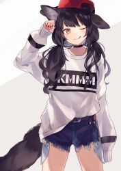 Rule 34 | 1girl, ;p, animal ears, arm at side, arm up, baseball cap, belt, belt buckle, black choker, black hair, blunt bangs, blush, brown eyes, buckle, choker, closed mouth, clothes writing, cutoffs, denim, denim shorts, hands in opposite sleeves, hat, legs apart, long hair, long sleeves, looking at viewer, low twintails, nail polish, one eye closed, original, red hat, red nails, short shorts, shorts, shugao, sideways hat, sleeves past wrists, smile, solo, standing, sweater, tail, thighs, tongue, tongue out, twintails, two-tone background, white sweater, wolf ears, wolf tail