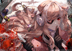 Rule 34 | 1girl, blood, blood on face, blood splatter, eyepatch, finger to mouth, hair ornament, headphones, headshot, long hair, looking at viewer, multicolored hair, original, pink hair, red eyes, shushing, skunkyfly, smile, solo, upper body, white hair