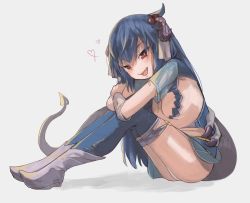 Rule 34 | 1girl, :d, arm warmers, bad id, bad pixiv id, blue hair, blue thighhighs, boots, breasts, bright pupils, dark blue hair, demon girl, demon horns, demon tail, fang, full body, heart, highres, horns, legs together, looking at viewer, medium breasts, megame (okbnkn), open mouth, original, over-kneehighs, panties, pink pupils, red eyes, shadow, short sleeves, simple background, sitting, smile, solo, straight hair, tail, thighhighs, underwear, white background, white footwear, white panties