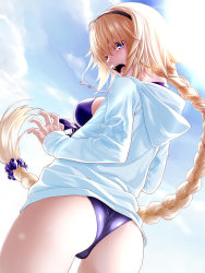 Rule 34 | 1girl, :o, ass, black hairband, blonde hair, blue eyes, blue hoodie, braid, braided ponytail, breasts, commentary request, embarrassed, fate/grand order, fate (series), fenrir (fenlil0316), from behind, from below, hair ornament, hair scrunchie, hairband, highres, hood, hood down, hoodie, jeanne d&#039;arc (fate), jeanne d&#039;arc (ruler) (fate), jeanne d&#039;arc (swimsuit archer) (fate), jeanne d&#039;arc (swimsuit archer) (first ascension) (fate), large breasts, long braid, long hair, looking at viewer, looking back, one-piece swimsuit, purple one-piece swimsuit, scrunchie, single braid, solo, swimsuit, very long hair