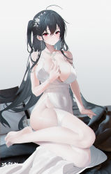 Rule 34 | 1girl, absurdres, azur lane, backless dress, backless outfit, black hair, breasts, center opening, cocktail dress, dingding (chongsangjun), dress, earrings, evening gown, flower, full body, garter straps, hair flower, hair ornament, hair strand, highres, jewelry, large breasts, long hair, looking at viewer, necklace, official alternate costume, plunging neckline, red eyes, satin dress, simple background, sleeveless, sleeveless dress, solo, taihou (azur lane), taihou (temptation on the sea breeze) (azur lane), thighhighs, very long hair, white dress, white footwear, white garter straps, white thighhighs