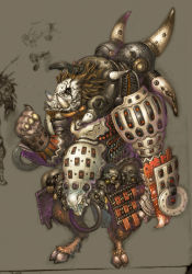Rule 34 | armor, boar, brown hair, highres, horns, jewelry, kcn, messy hair, monster, ring, simple background, skull, solo, tusks