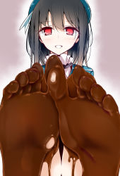 Rule 34 | 10s, 1girl, bad id, bad pixiv id, barefoot, black hair, blush, chocolate, chocolate on foot, feet, foot focus, hat, kantai collection, oouso, personification, red eyes, soles, solo, takao (kancolle), toes