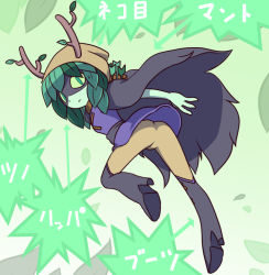 Rule 34 | 1girl, adventure time, antlers, ass, cartoon network, colored sclera, colored skin, domino mask, female focus, from behind, green eyes, green hair, green skin, horns, huntress wizard, leaf, looking back, mask, matching hair/eyes, nollety, solo, yellow sclera