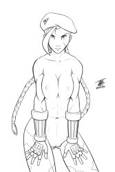 Rule 34 | 1girl, abs, ahoge, beret, braid, breasts squeezed together, breasts, cammy white, cleavage, clitoris, fingerless gloves, gloves, greyscale, hat, huge ahoge, long hair, looking at viewer, monochrome, mx. moz, nipples, nude, pussy, scar, solo, street fighter, twin braids, uncensored