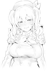 Rule 34 | 1girl, absurdres, breasts, closed mouth, epaulettes, greyscale, hat, head tilt, highres, ikuchan kaoru, jacket, kantai collection, kashima (kancolle), large breasts, looking at viewer, medium hair, monochrome, simple background, sketch, smile, solo, twintails, upper body, white background