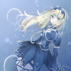 Rule 34 | 1girl, blonde hair, blue background, blue eyes, braid, dress, flower, hair ornament, long hair, looking at viewer, open mouth, rose, shirley fennes, solo, tales of (series), tales of legendia