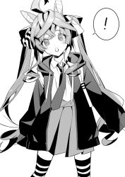 Rule 34 | !, 1girl, :o, @ @, ahoge, alternate costume, animal ears, backpack, bag, blush, collared shirt, commentary, crossed bangs, feet out of frame, greyscale, highres, hood, hood down, hooded jacket, horse ears, jacket, long hair, long sleeves, looking at viewer, monochrome, necktie, nonono (1399900), open clothes, open jacket, pleated skirt, shirt, shirt tucked in, skirt, solo, spoken exclamation mark, standing, striped clothes, striped thighhighs, symbol-only commentary, thighhighs, twin turbo (umamusume), twintails, umamusume