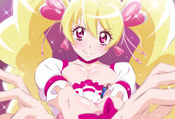 Rule 34 | 1girl, blonde hair, breasts, choker, cleavage, closed mouth, collarbone, cure peach, earrings, fresh precure!, fuchi (nightmare), hair ornament, heart, heart earrings, heart hair ornament, jewelry, large breasts, long hair, looking at viewer, magical girl, momozono love, pink choker, pink eyes, precure, puffy short sleeves, puffy sleeves, short sleeves, smile, solo, twintails