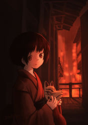 Rule 34 | 1girl, alley, architecture, artist name, black hair, blush, bow, building, dark, east asian architecture, fox mask, japanese clothes, kimono, looking at viewer, mask, open mouth, orange theme, original, pochi (poti1990), railing, red theme, short hair, signature, solo, upper body