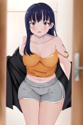 Rule 34 | 1girl, absurdres, bare shoulders, black jacket, blue hair, blush, boku no kokoro no yabai yatsu, breasts, breasts apart, brown eyes, collarbone, commentary, commentary request, dark blue hair, doorway, english commentary, fiftya, grey shorts, highres, jacket, large breasts, long hair, looking at viewer, mixed-language commentary, mole, mole on neck, multiple moles, navel, no bra, open clothes, open door, open jacket, open mouth, paid reward available, pov doorway, shirt, shorts, solo, spaghetti strap, standing, strap slip, thighs, yamada anna, yellow shirt